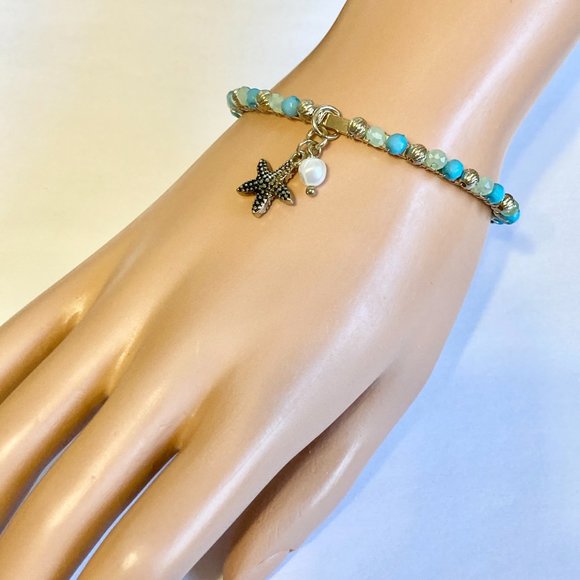 Aqua Bead Pearl Starfish Bangle Bracelet Gold Tone Plated Freshwater Sea Life - Picture 3 of 12